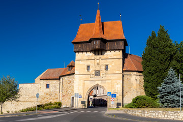 Fototapeta na wymiar Gothic Zatec gate and medieval fortification in Louny, Czech republic