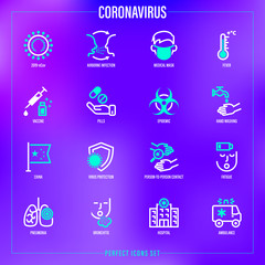 Coronavirus thin line icons set. Virus, airborne infection, medical mask, fever, vaccine, hand washing, bacteria under magnifier, pneumonia, inflammation in lungs, person to person Vector illustration