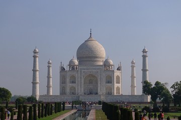 The Taj Mahal with blue sky on a hot summer day - Agra, India 2019