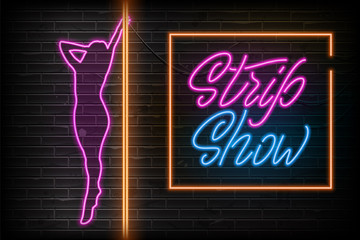 Advertising poster neon design Strip Show. Party Invitation Booklet. Neon sign. Vector illustration
