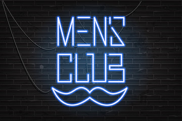 Neon sign mens club on the dark bricks background. Vector illustration