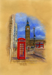 clock tower of London. Watercolor illustration on vintage paper.