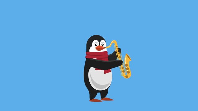 Cartoon Little Penguin Flat Christmas Character Music Play Saxophone Animation with Matte