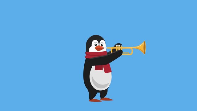 Cartoon Little Penguin Flat Christmas Character Music Playing Trumpet Animation with Matte