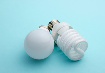 Energy saving light bulb close-up on a blue pastel background