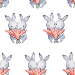 Cute watercolor pattern funny cartoon little bunny with orange carrot isolated on white. Easter repeating background with bunnies. Design for Valentine's Day. Watercolor illustration of baby rabbits.