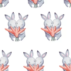  Cute watercolor pattern funny cartoon little bunny with orange carrot isolated on white. Easter repeating background with bunnies. Design for Valentine's Day. Watercolor illustration of baby rabbits. © Tatiana 