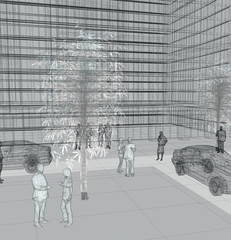 People in the city, wireframe technique, original 3d rendering