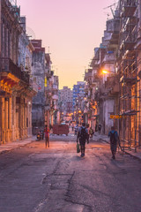 HAVANA,CUBA - MAY 4,2019 : Street scene with classic old cars and traditional colorful buildings in downtown Havana floridita capitolio plaza de la constitucion
