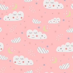 Seamless pattern of cute sleepy clouds, moons and stars on a pink background