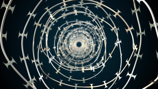 3d rendering spinning barbed wire spiral. Computer generated background with barbed wire.