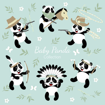 Baby panda collection. Little funny pandas play cowboys and Indians. The illustration is decorated with plant elements.