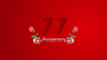 77th Anniversary celebration. Emboss number with Gradient red background and flowers decoration. Modern elegant simple background design vector EPS 10. Can be used for company or wedding.