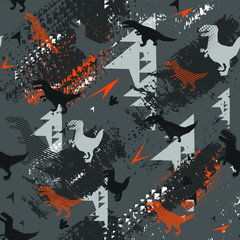 Abstract seamless geometric pattern with t rex silhouette. 