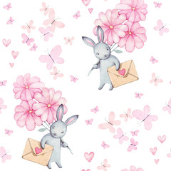 Beautiful seamless watercolor pattern with cute rabbit in hat and pink flowers, butterfly and heart.Perfect for your project, packaging, wallpaper, cover design, invitations, birthday, valentine's day
