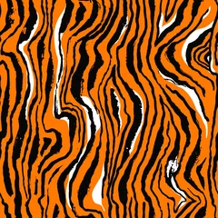Tapeten Tierhaut Nahtloses Muster des Vektorillustrations-Tigerdruckes. Orange und schwarzer handgezeichneter Hintergrund.