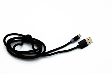 Black USB cable for phone with cable isolated on white background