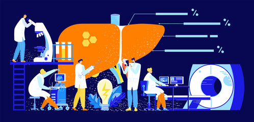 Vector flat abstract illustration with set doctors who study enlarged liver using ultrasound, MRI, puncture, laboratory tests. In the center. Lamp is lit as symbol of idea. In banners, web design, etc