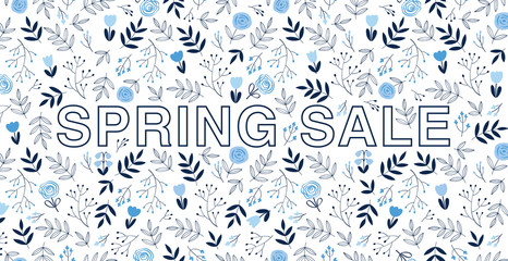 Spring sale. Promotional poster with cute flowers. Doodles, sketch, hand drawn elements for your design. Vector illustration.