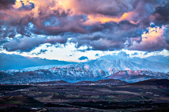 Snow on Hermon mountain sunset  landscape view