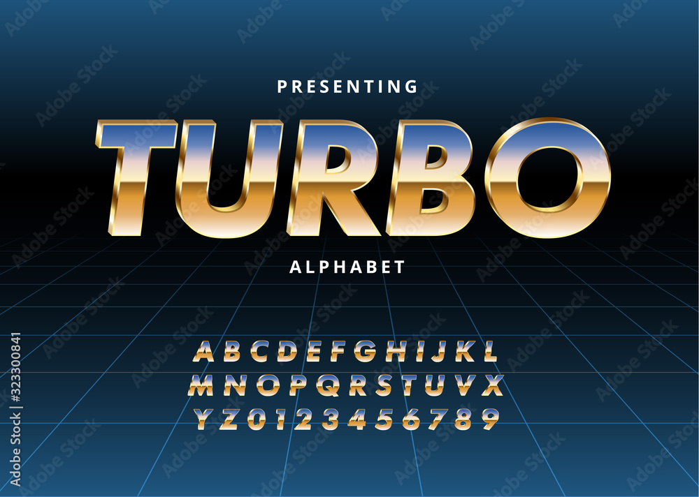 Fototapete retro futuristic 80s font style. vector alphabet with chrome effect template for game title, poster 
