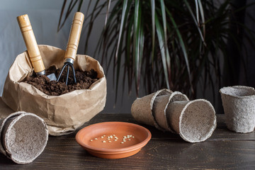 Eco friendly pots for seedlings on wooden background, small bag with ground and garden trowel and rakes,sweet pepper seeds for planting
