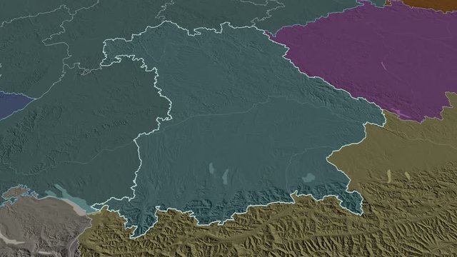 Bavaria, state with its capital, zoomed and extruded on the administrative map of Germany in the conformal Stereographic projection. Animation 3D