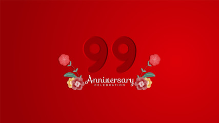 99th Anniversary celebration. Emboss number with Gradient red background and flowers decoration. Modern elegant simple background design vector EPS 10. Can be used for company or wedding.