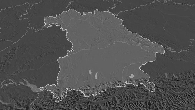 Bavaria, state with its capital, zoomed and extruded on the bilevel map of Germany in the conformal Stereographic projection. Animation 3D