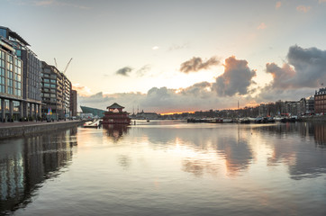 Amsterdam Port city shape during sunrise