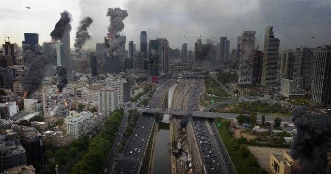 Large Destroyed City under attack with  helicopter  Powerful Video Compositing simulates Real footage with visual effects elements. Aerial.