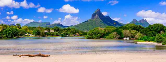 Fototapeta Awesom nnature of Mauritius island, Rempart mountain view in Tamarin bay, Black river obraz