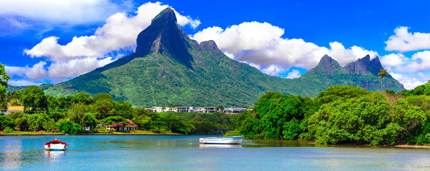 Beautiful nature and landscapes of Mauritius island. Rempart mountains view from Tamarin bay