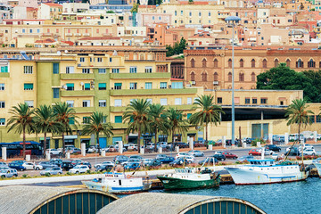 Fototapeta na wymiar Cityscape and marina at Mediterranian sea in Cagliari