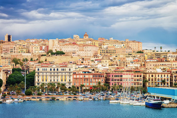Fototapeta na wymiar Cityscape and marina in Mediterranian sea in Cagliari