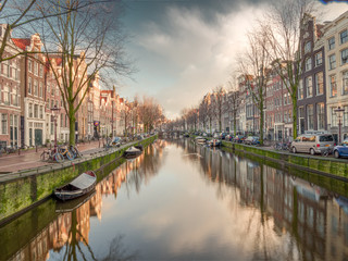 Amsterdam City Canal view with cloudy sky background