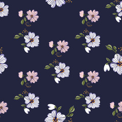 Seamless pattern with colorful hand drawn flowers. Original textile, wrapping paper, wall art surface design. Vector illustration. Floral simple minimalistic graphic design