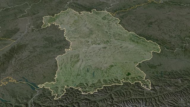 Bavaria, state with its capital, zoomed and extruded on the satellite map of Germany in the conformal Stereographic projection. Animation 3D