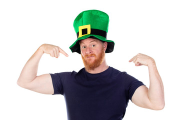 Redhead man wiht green hat pointig himself