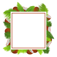 Tropical template banner with palm leaves and coconuts a frame.Poster whole and broken nut.