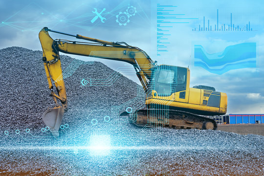 conceptual representation of the industry of the future, construction using technology without the use of man, an excavator based on artificial intelligence