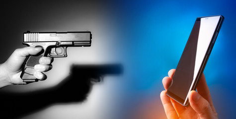 A gun and a smartphone. The acquisition of weapons in the Internet. Illegal weapon. Weapons for...