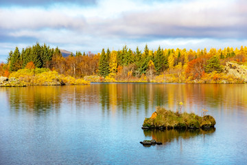 Lake Myvatn in Northern Iceland. Quiet autumn landscape. Famous tourist attraction.