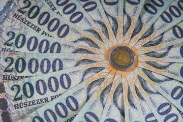 20000 forint banknote stacks as background (Hungarian forint) Deak Ferenc. Europe Hungary. 