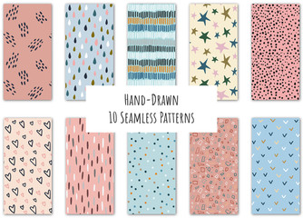 Set of 10 sketchy hand-drawn colourful vector seamless patterns - for wallpaper, paper, fabric, textile design