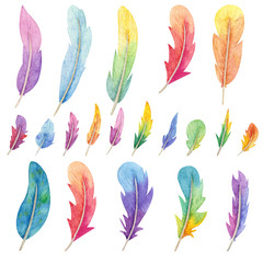 Hand drawn watercolor set of 20 feathers for dresses, invitation, wedding card.