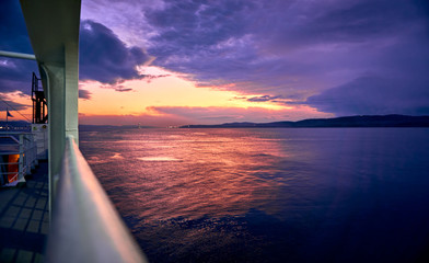 A beautiful view of Dardanelles strait at sunset from a ferry