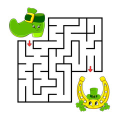 Square maze. Game for kids. Boot and horseshoe. Puzzle for children. Labyrinth conundrum. Color vector illustration. Isolated vector illustration. Cartoon character.