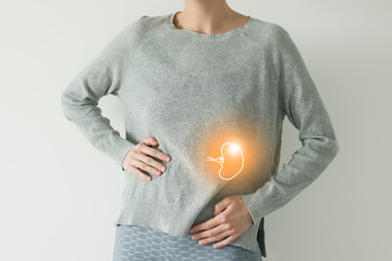 Woman in casual grey clothes suffering from indigestion pain, highlighted vector visualisation of spleen - obrazy, fototapety, plakaty