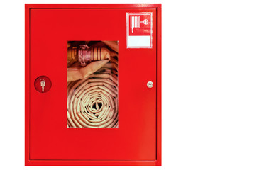 Red fire shield in an office building. Fire safety in buildings. The key is for an emergency.